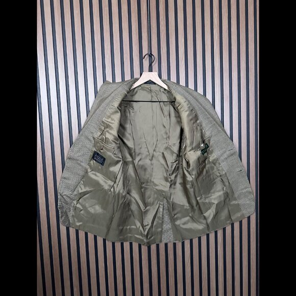 Lauren Ralph Lauren Jacket 40R Beige Houndstooth 2 Button Blazer Coat Silk Wool - Picture 2 of 10